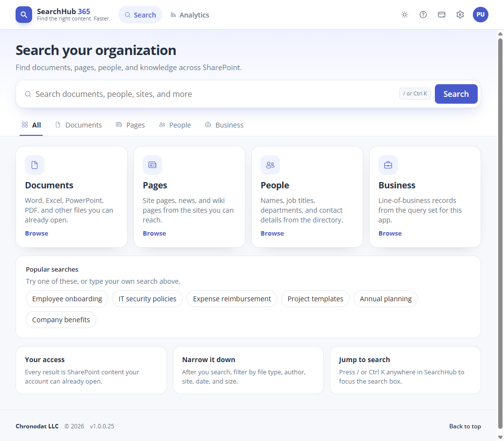 SearchHub 365 home with Documents, Pages, People, and Business