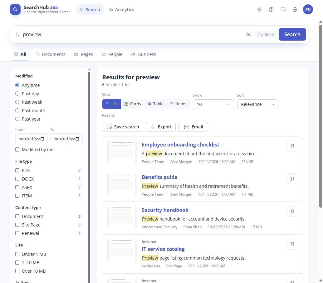 Search results with refiners and List view