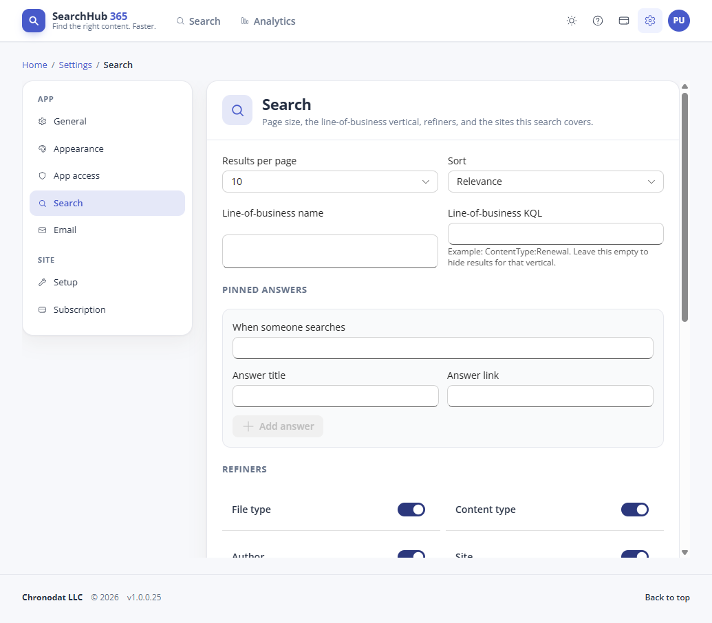 Search settings for page size, the business vertical, and pinned answers