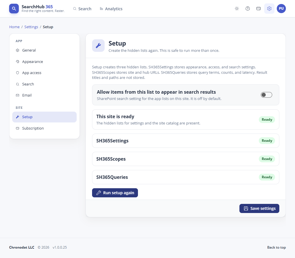 Setup page with the three SearchHub 365 lists marked Ready