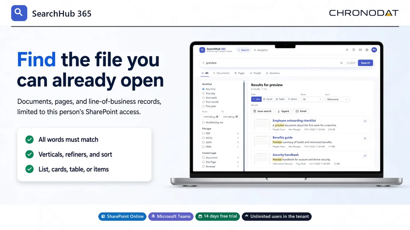 SearchHub 365 search results