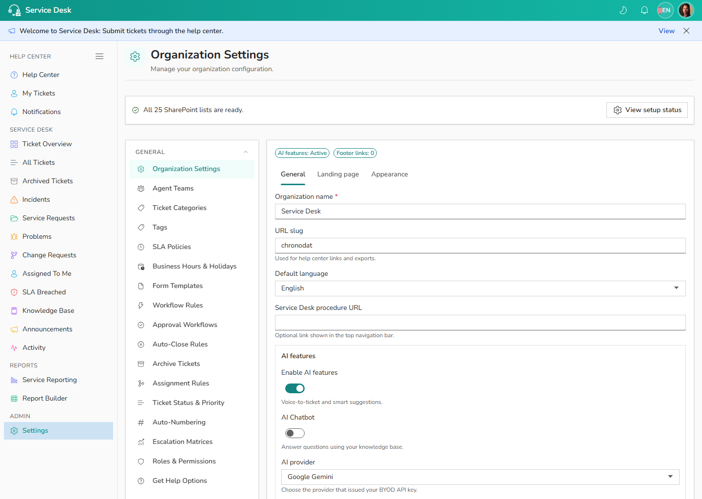 Settings sidebar overview