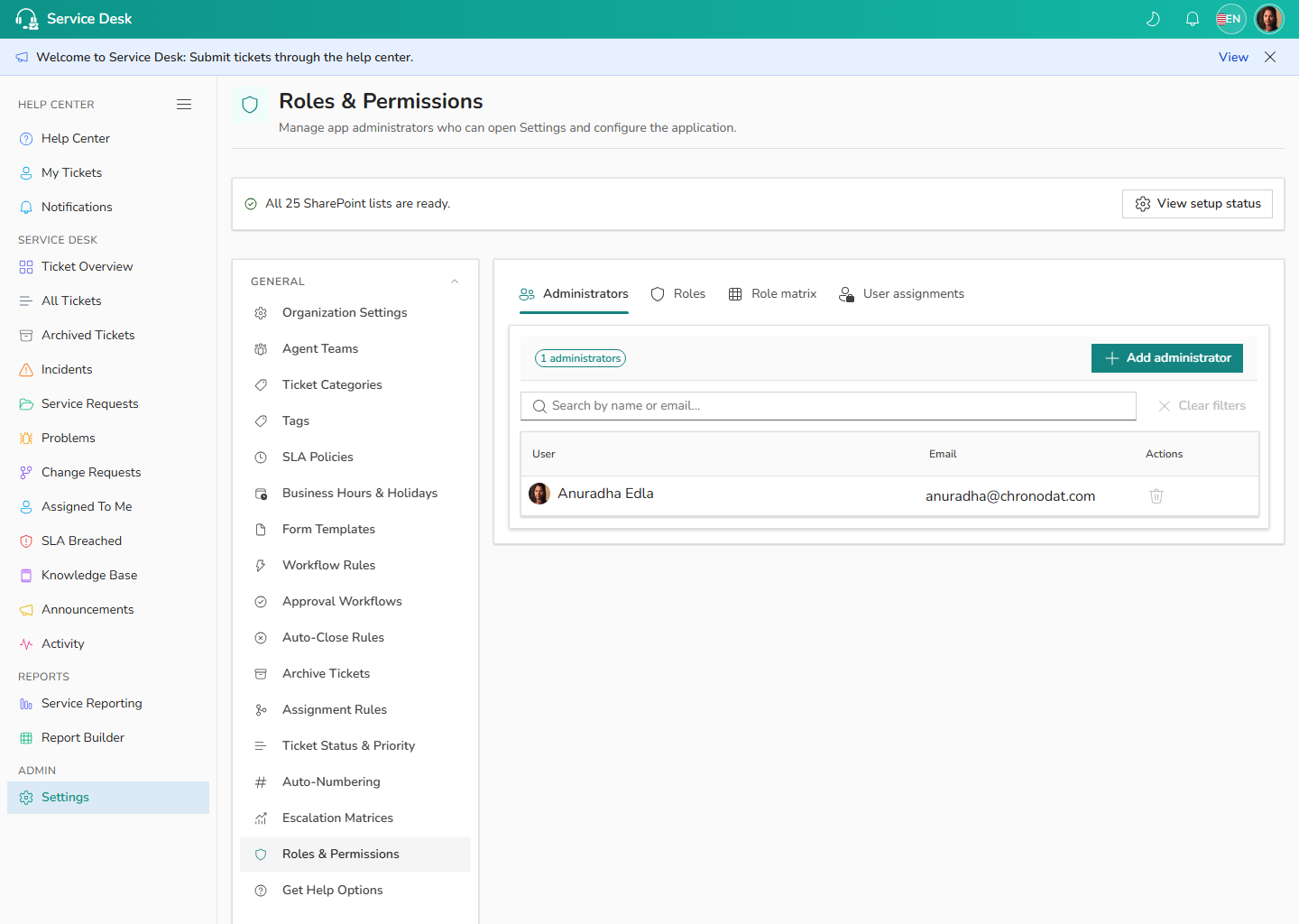 Roles and Permissions settings