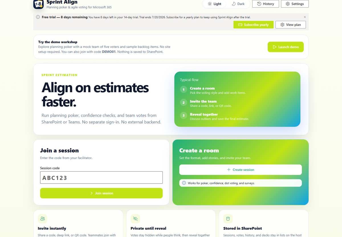 The Sprint Align home screen: join a session, create a room, or launch the demo.