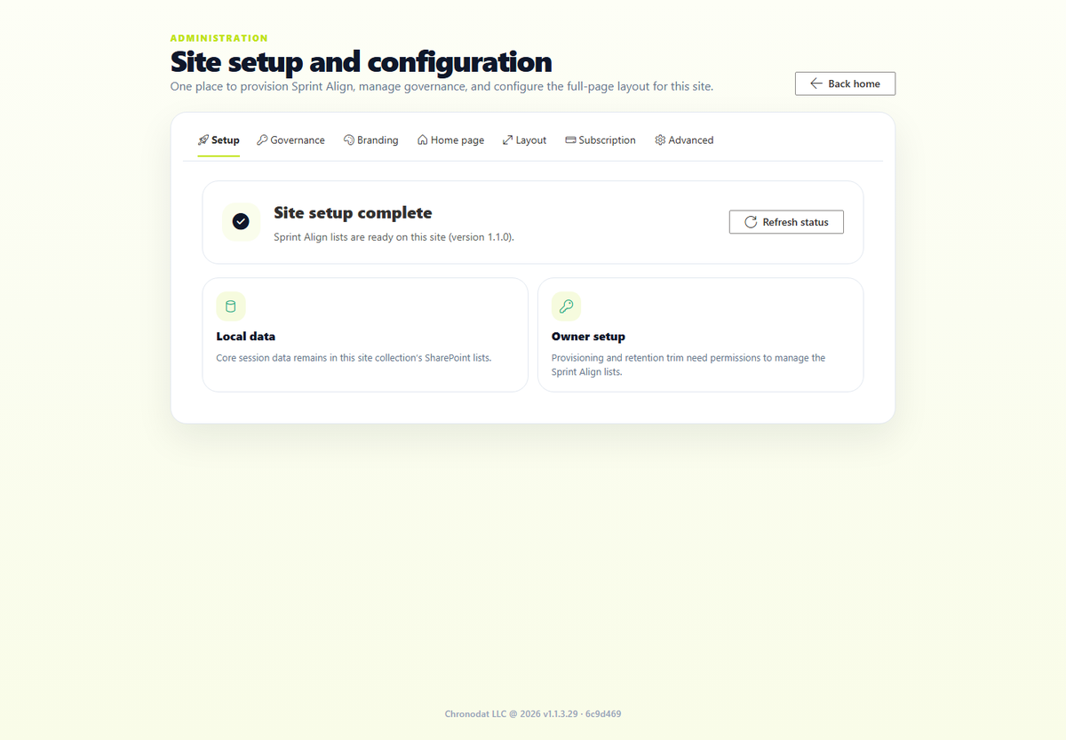 The setup wizard provisions the SharePoint lists Sprint Align needs on your site.