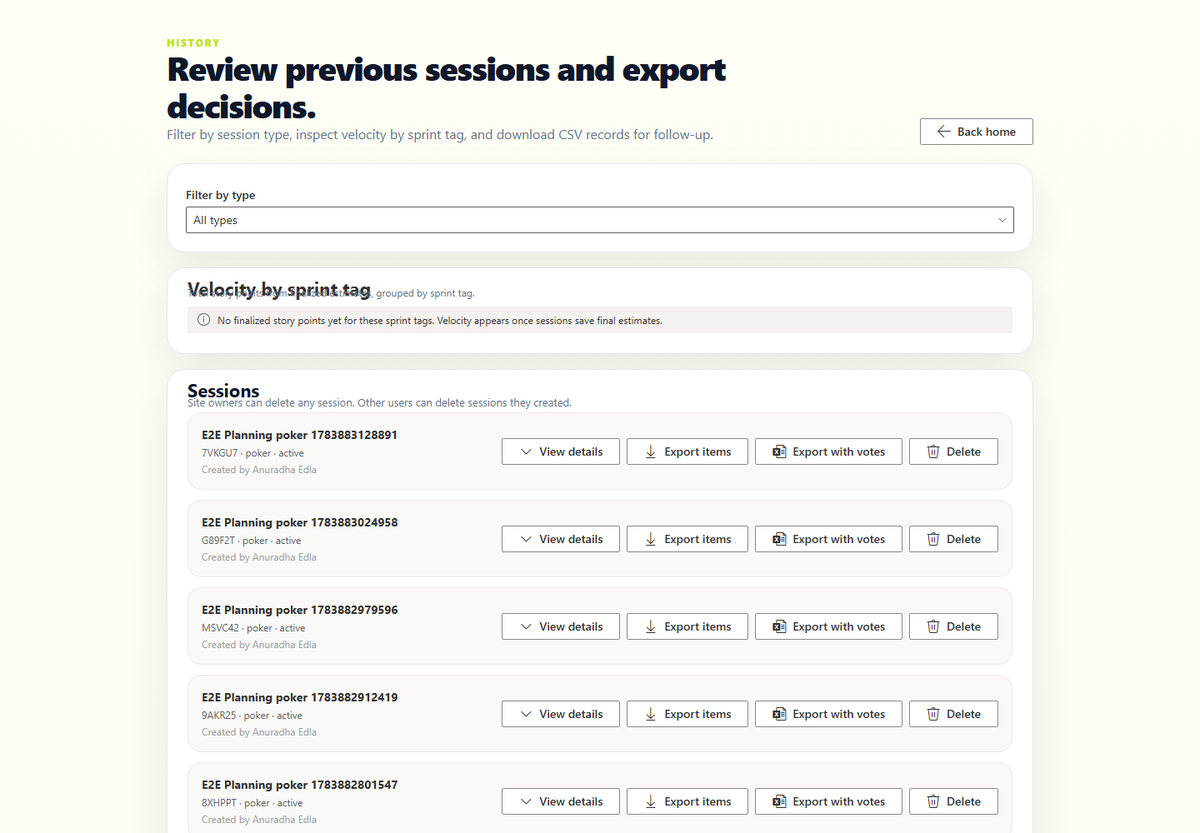 The History page lists past sessions and visualizes velocity by sprint tag.