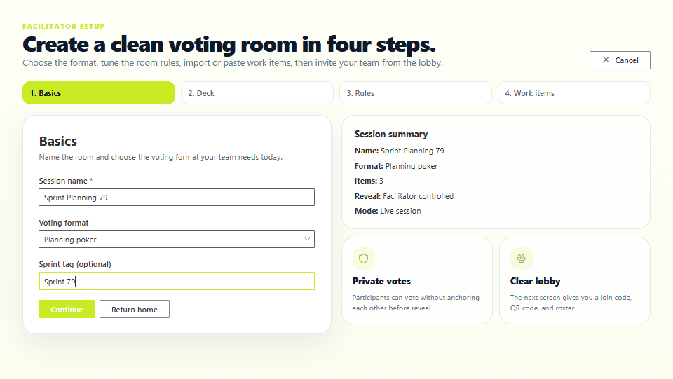 Facilitator setup step 1 Basics with session name, voting format, and optional sprint tag.