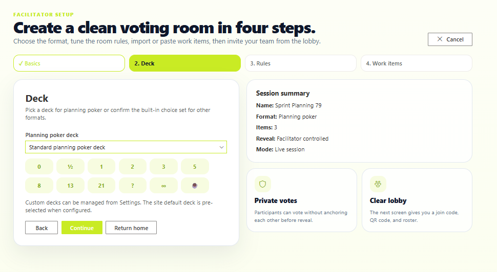 Facilitator setup step 2 Deck with planning poker deck dropdown and card preview.