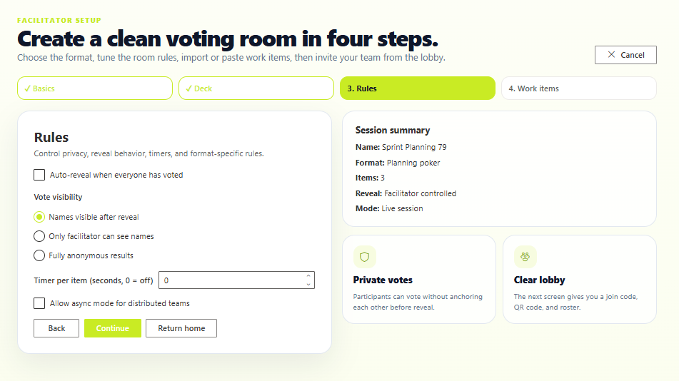 Facilitator setup step 3 Rules with auto-reveal, vote visibility, timer, and async mode options.
