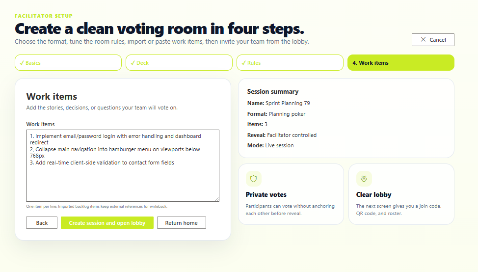 Facilitator setup step 4 Work items with backlog lines and Create session and open lobby button.