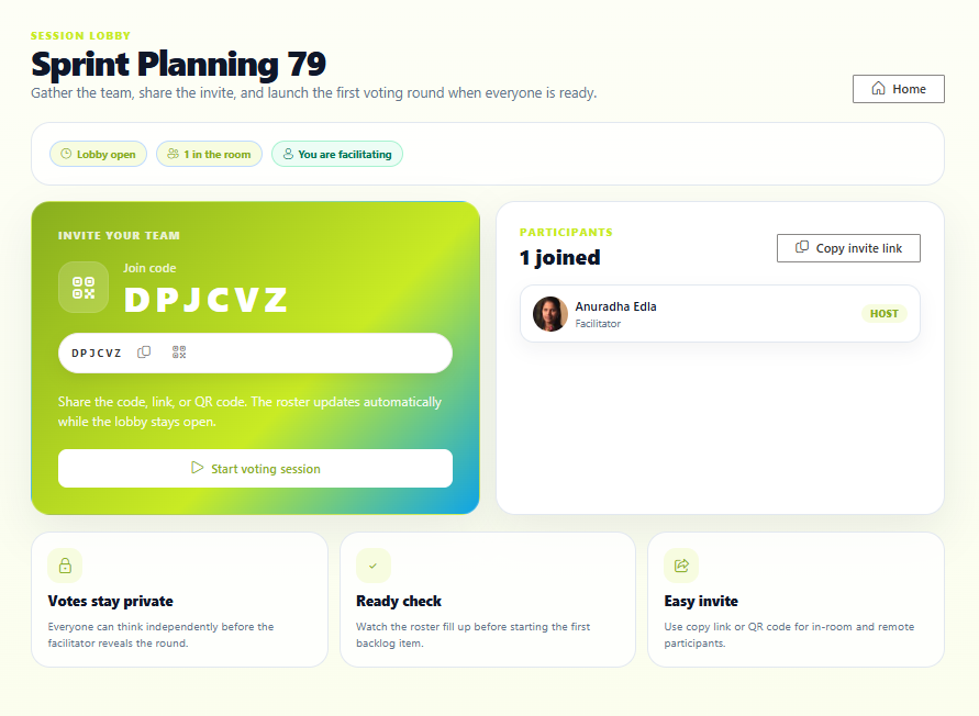 Session lobby with join code, participant roster, and Start voting session button.