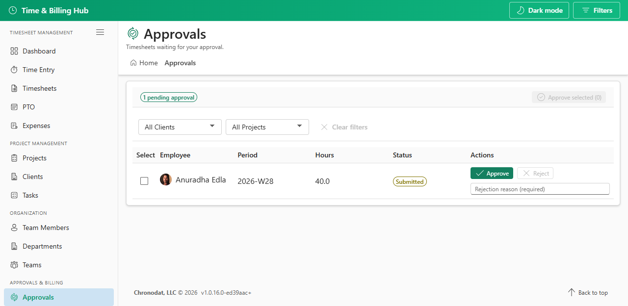 Timesheet approvals queue