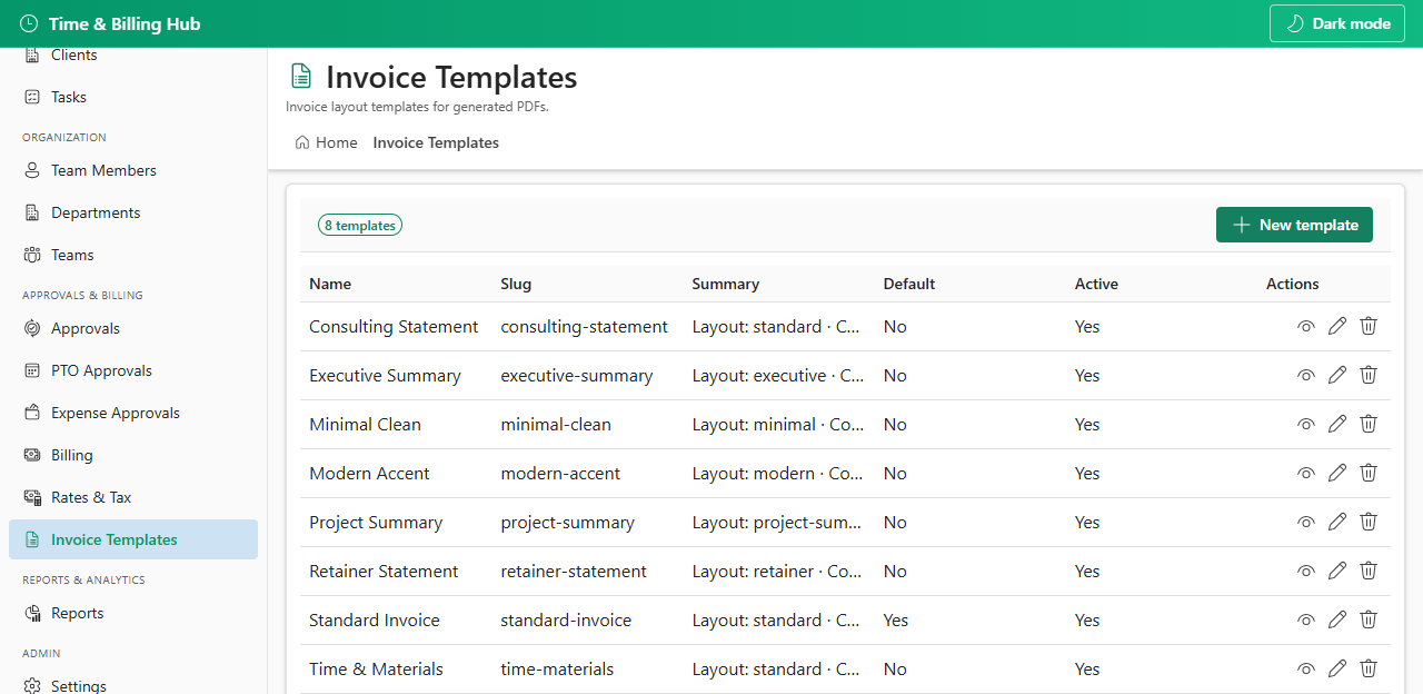 Invoice templates list