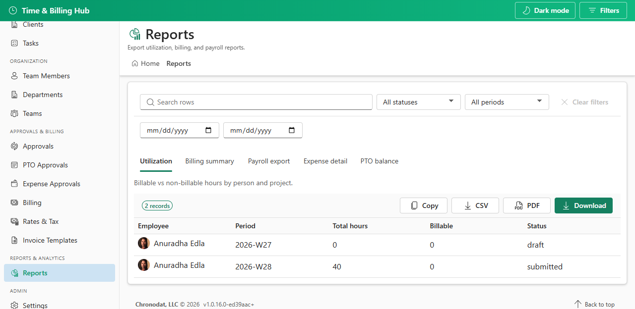 Reports page default view