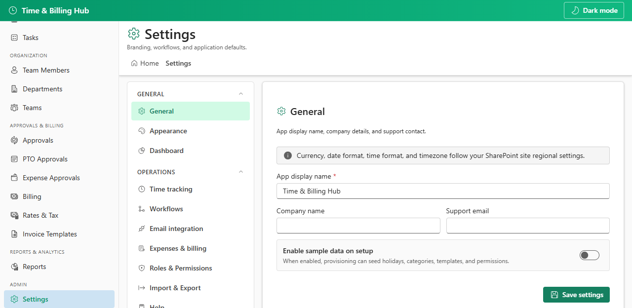 Settings overview with sidebar navigation