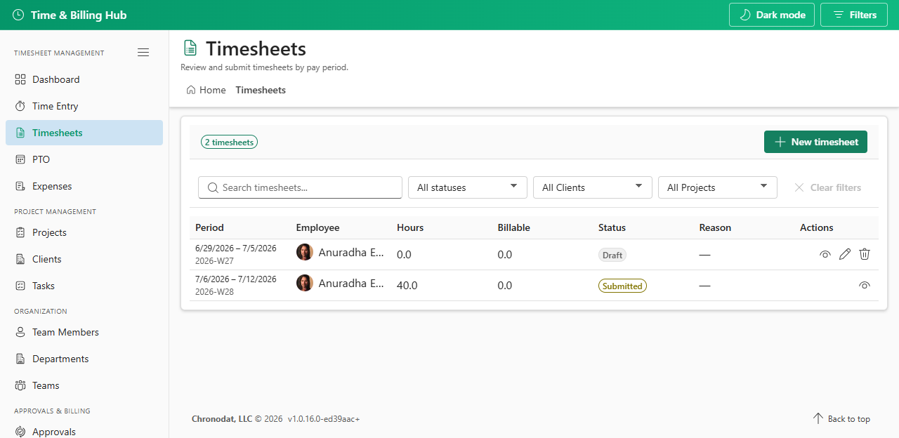 Timesheets list with status filters