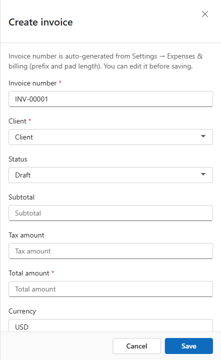 Create invoice form with locked invoice number