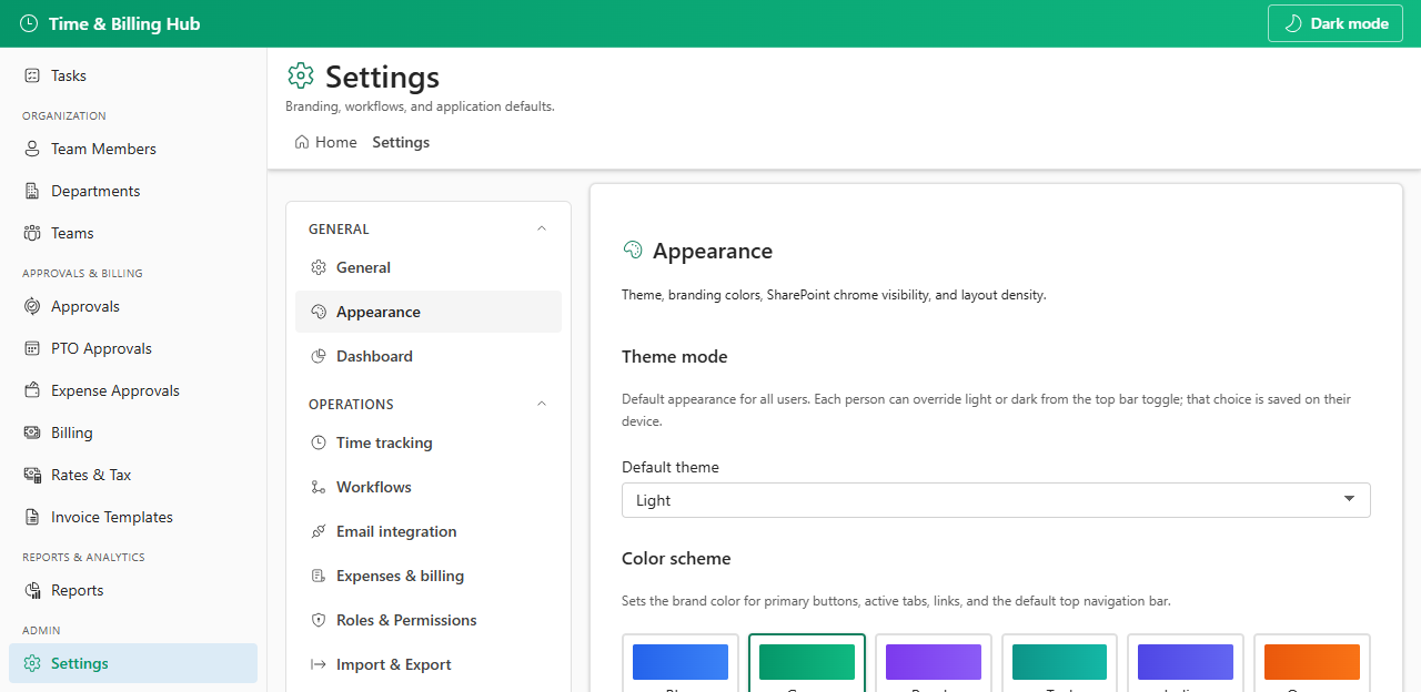 Settings appearance tab