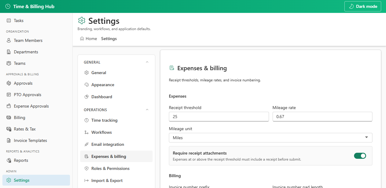 Settings expenses and billing tab
