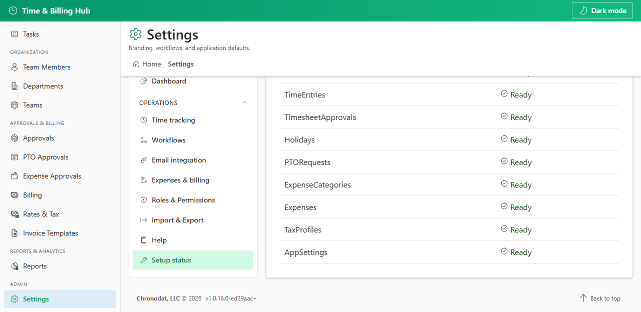 Settings setup status tab