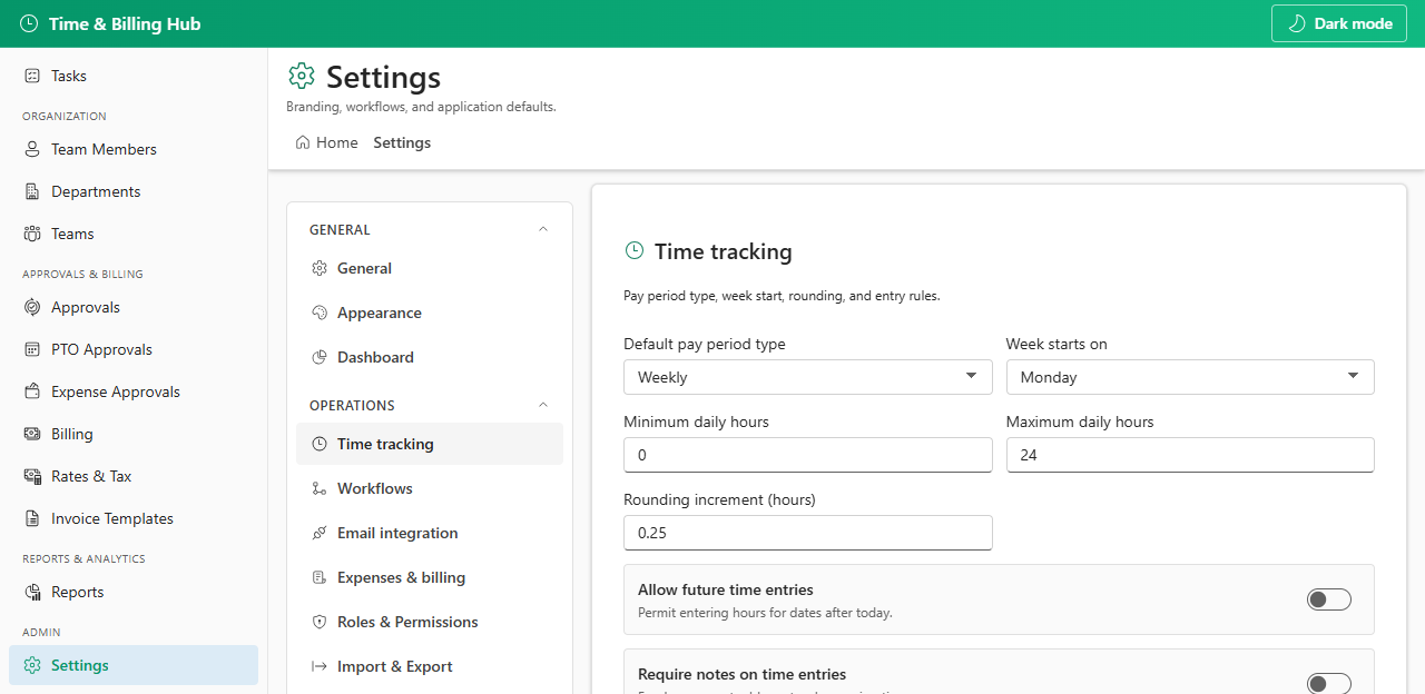 Settings time tracking tab