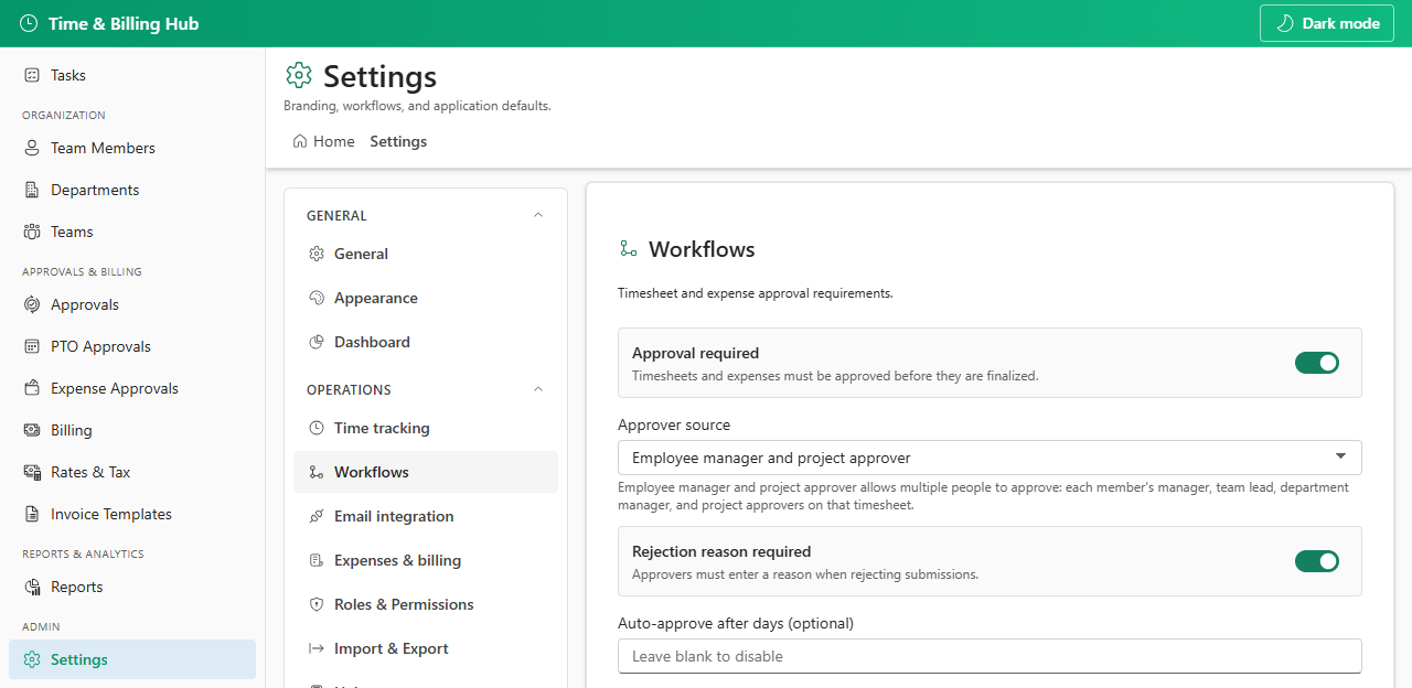 Settings workflows tab