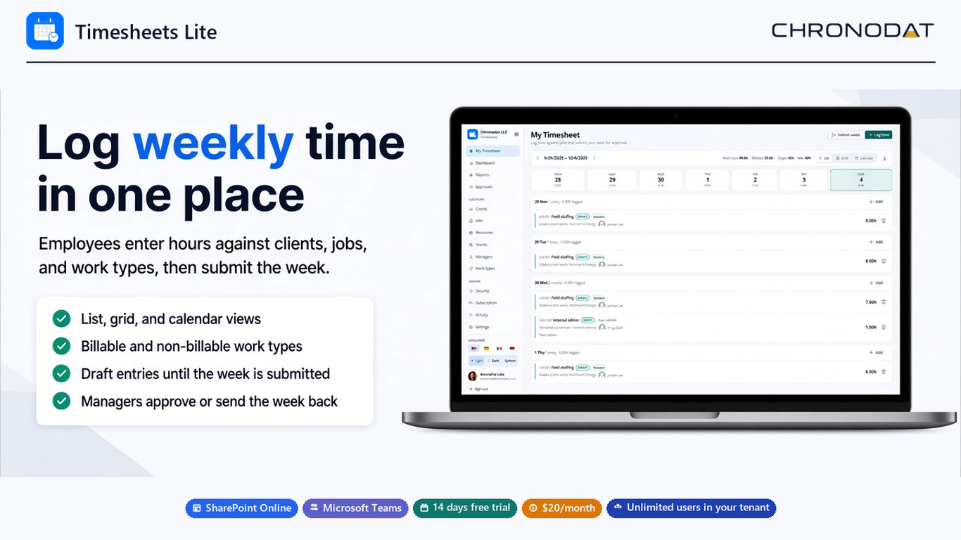 Timesheets Lite weekly timesheet