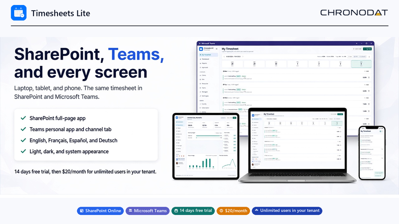 Timesheets Lite in Teams and on a laptop, tablet, and phone