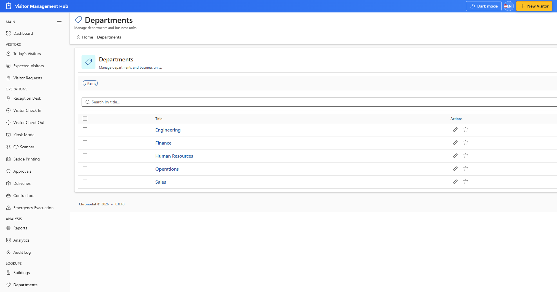Departments lookup list