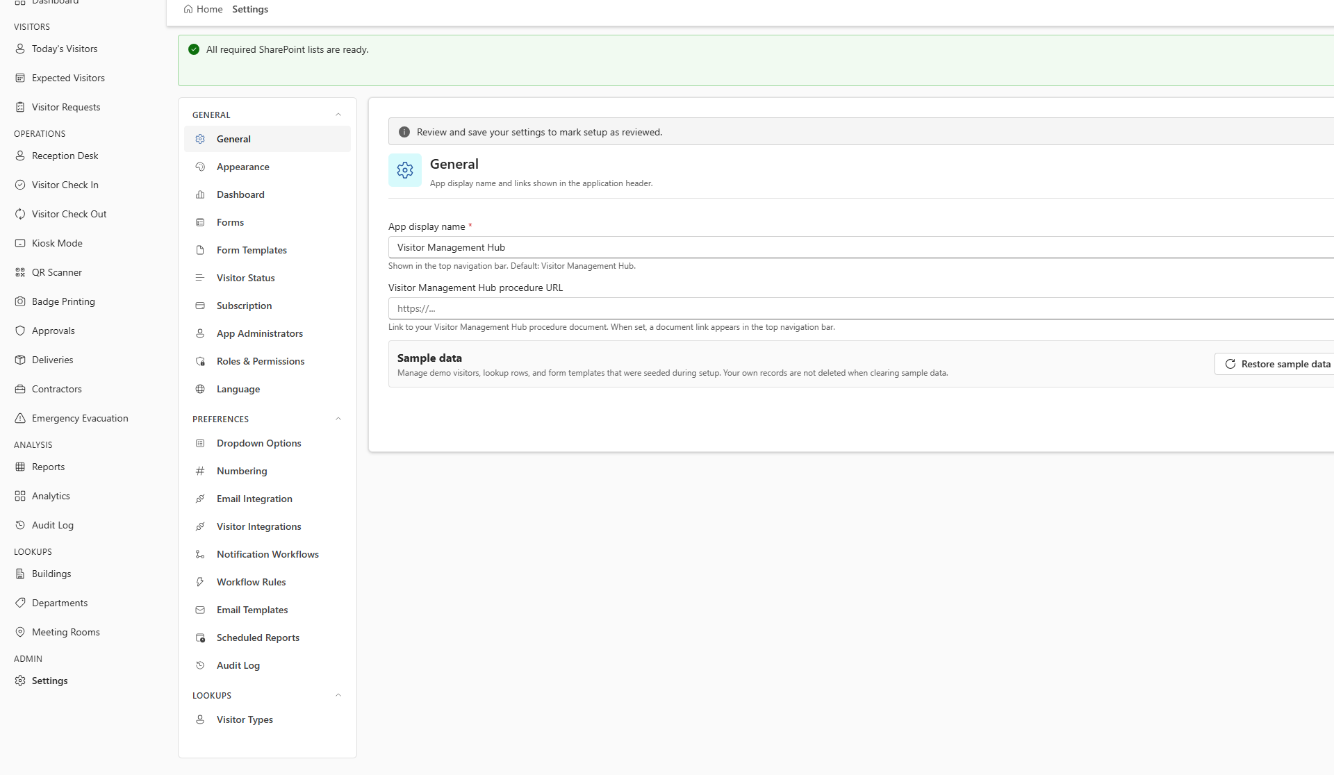 Settings General tab