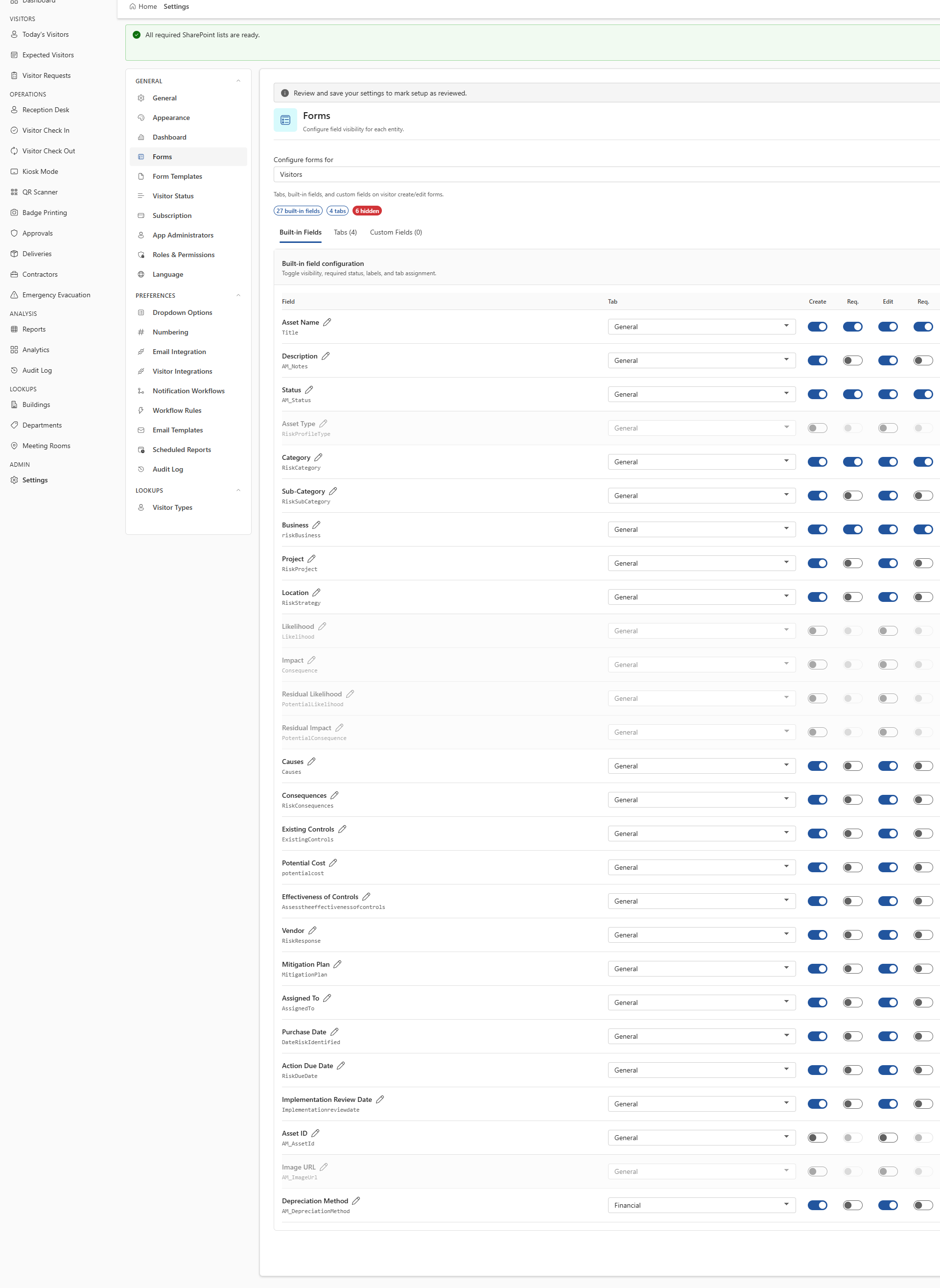 Settings Forms tab