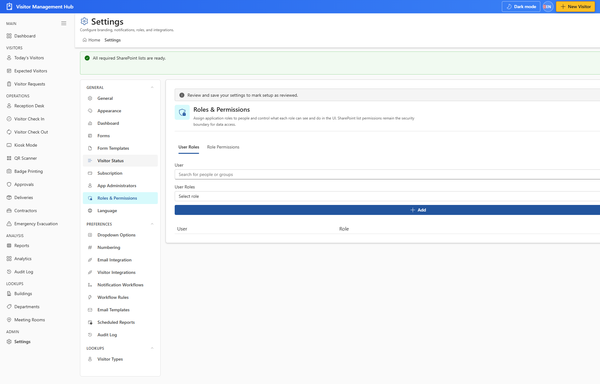 Settings Roles tab
